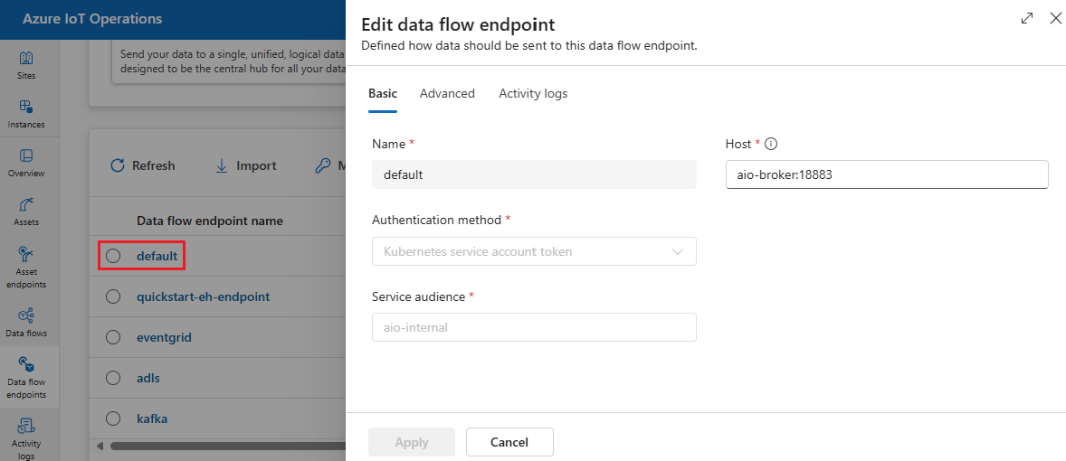 Screenshot che usa l'esperienza operativa per visualizzare l'endpoint del flusso di dati MQTT predefinito.