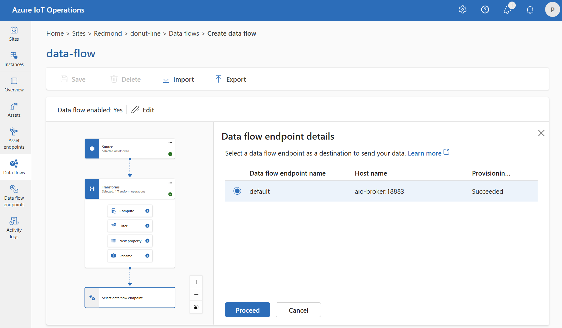 Screenshot che usa l'esperienza operativa per selezionare l'endpoint di destinazione di Hub eventi.