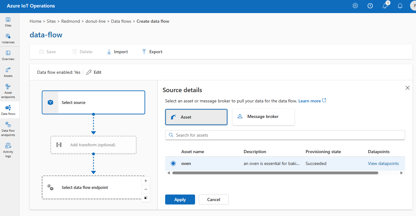 Screenshot che usa l'esperienza operativa per selezionare un asset come endpoint di origine.