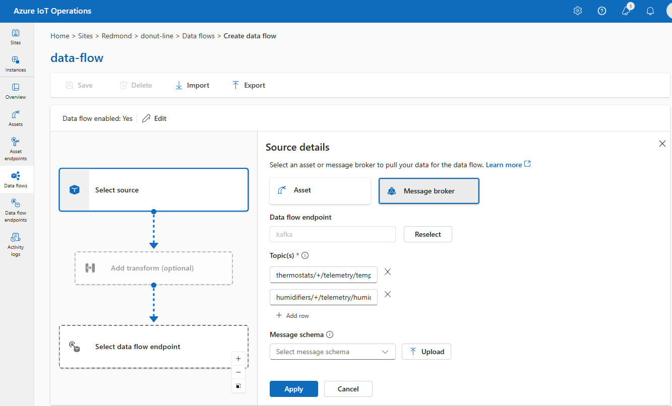 Screenshot che usa l'esperienza operativa per selezionare un broker di messaggi personalizzato come endpoint di origine.