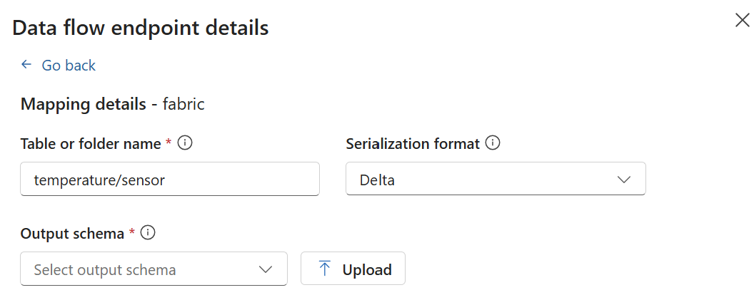 Screenshot che usa l'esperienza operativa per scegliere lo schema di output e il formato di serializzazione.