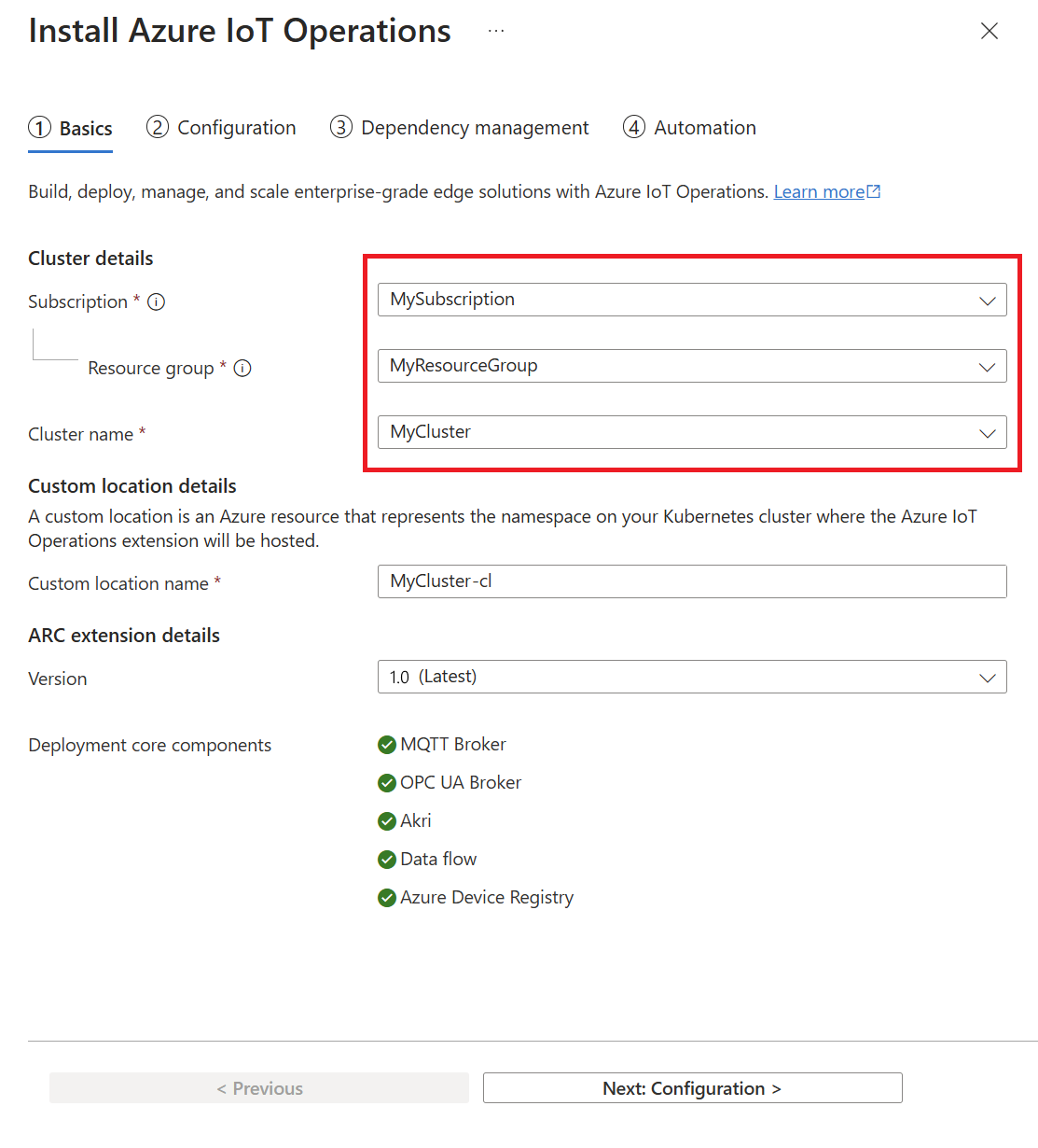 Screenshot che mostra la prima scheda per la distribuzione di Operazioni di Azure IoT dal portale.