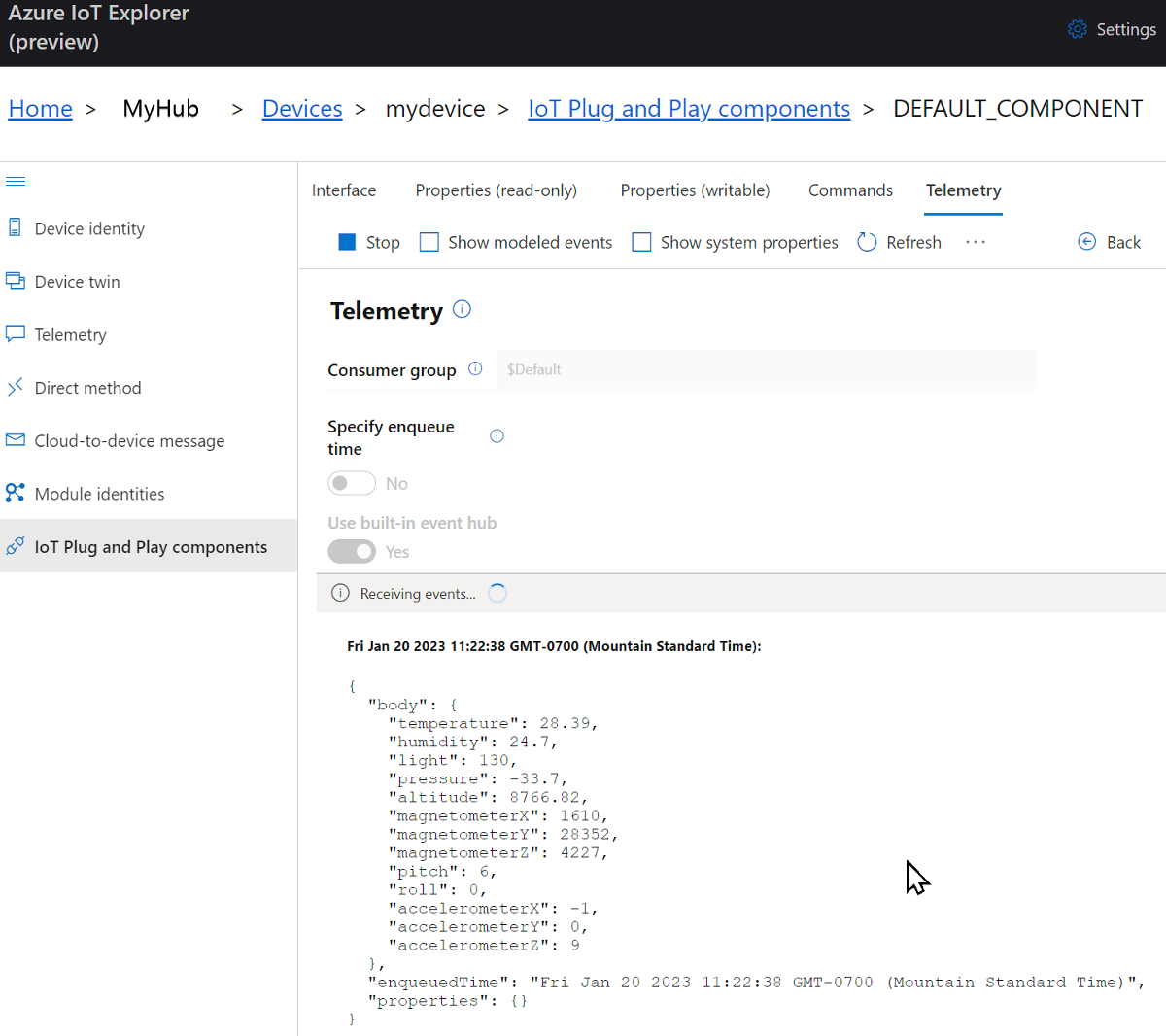 Screenshot dei dati di telemetria dei dispositivi in IoT Explorer.