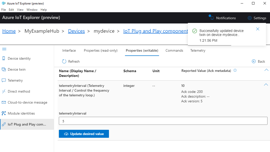 Screenshot dell'impostazione dell'intervallo di telemetria in MXCHIP DevKit in IoT Explorer