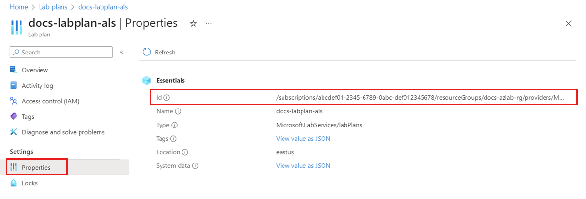 Screenshot che mostra le proprietà del piano lab con l'ID evidenziato.