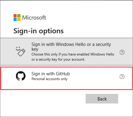 Screenshot che mostra la finestra delle opzioni di accesso Microsoft, evidenziando l'opzione per accedere con GitHub.