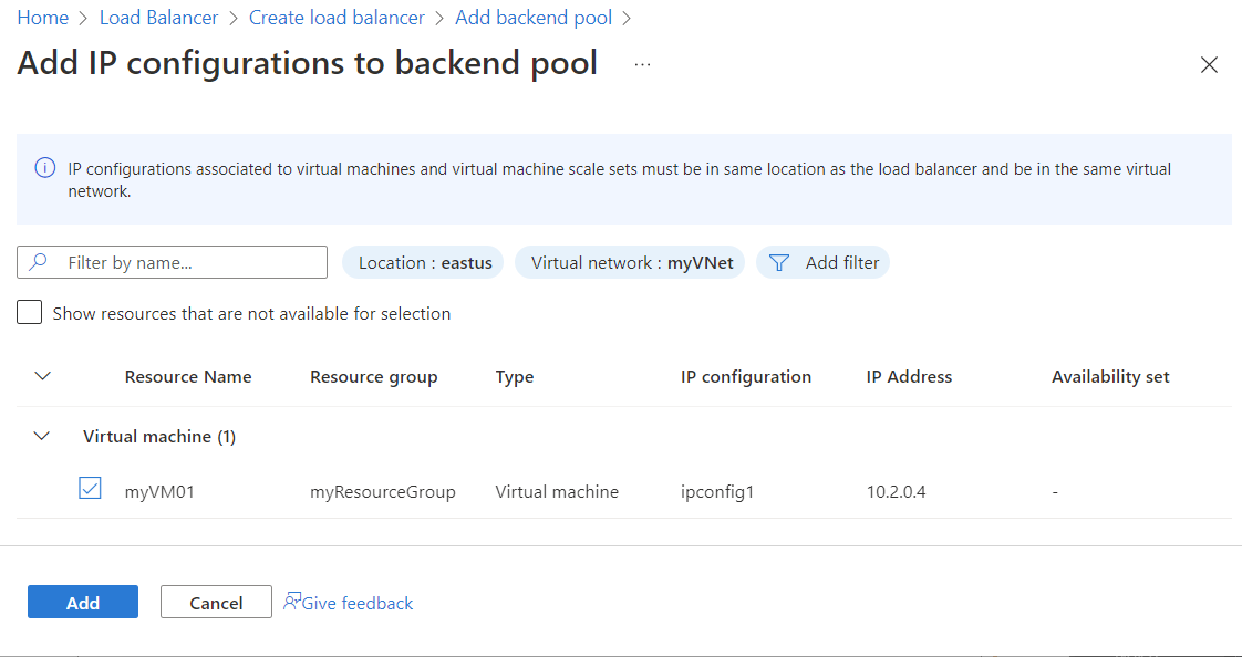 Screenshot della pagina Aggiungi configurazioni IP al pool back-end con la macchina virtuale selezionata come risorsa.