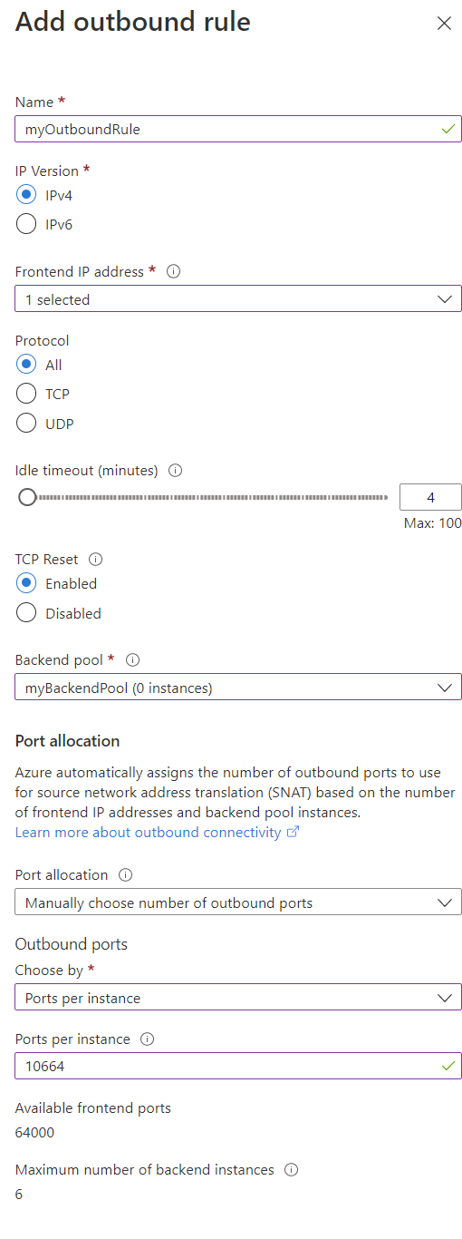 Screenshot dell'aggiunta della regola in uscita. Consentire di impostare il numero massimo di istanze back-end.