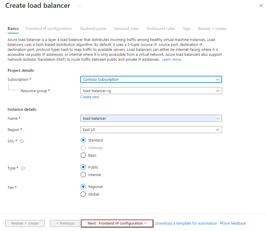 Screenshot della scheda Dati principali di Load Balancer Standard.