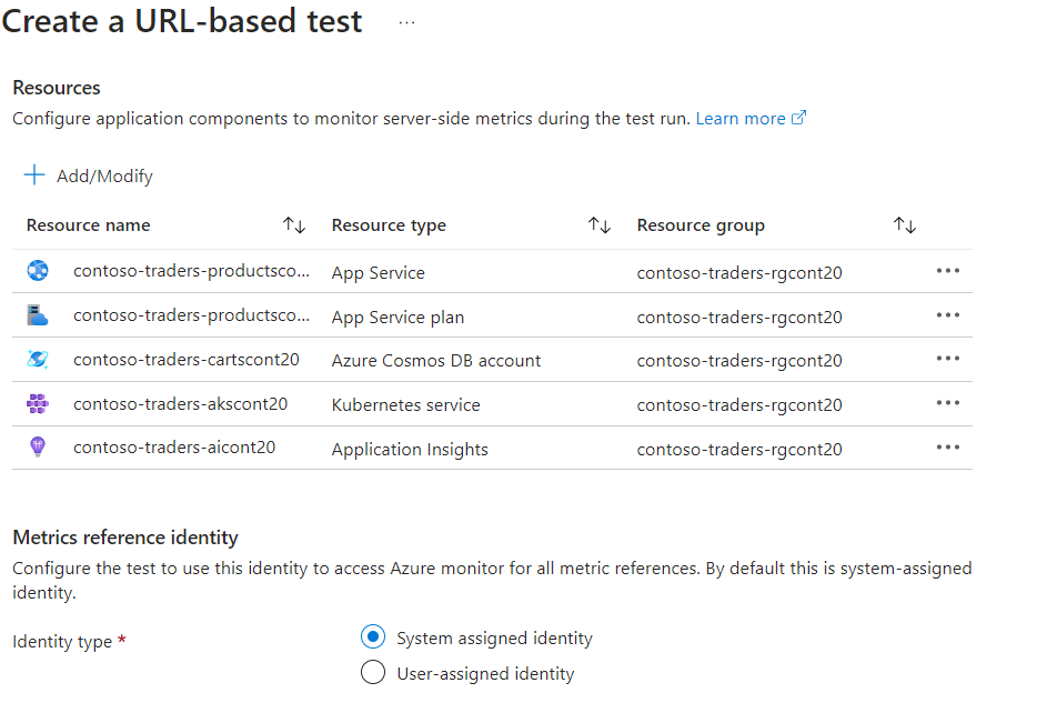 Screenshot della configurazione dell'identità di riferimento delle metriche.