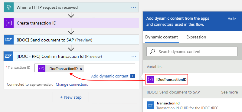 Screenshot che mostra il flusso di lavoro A consumo con l'azione denominata Conferma ID transazione con l'uso di una variabile.