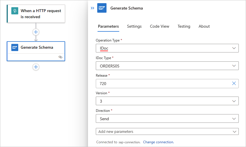 Screenshot che mostra il flusso di lavoro Standard, l'azione Genera schema e le informazioni sull'artefatto IDoc.