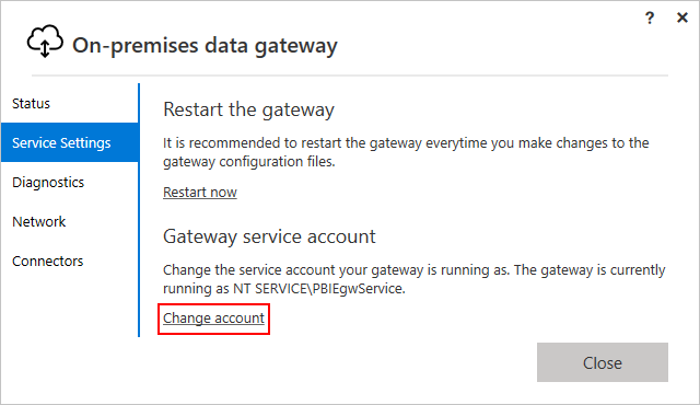 Screenshot che mostra il programma di installazione del gateway dati locale e la pagina Impostazioni servizio con il pulsante per modificare l'account del servizio gateway selezionato.