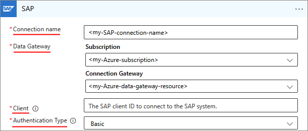 Screenshot che mostra le impostazioni di connessione SAP per A consumo.