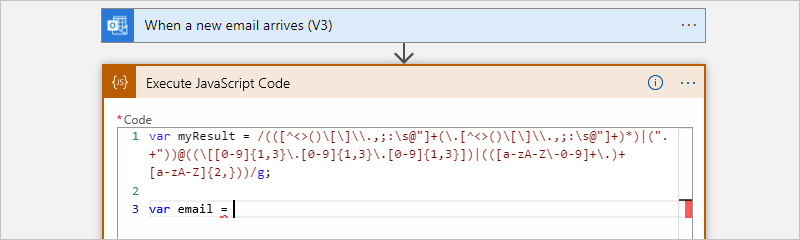 Screenshot che mostra il flusso di lavoro A consumo, l'azione Esegui codice JavaScript e il codice di esempio che crea variabili.