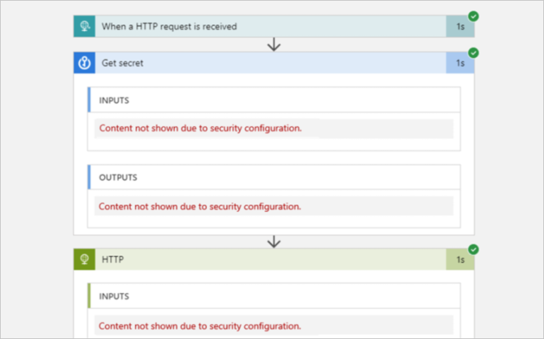 Screenshot che mostra input e output nascosti nella cronologia di esecuzione del flusso di lavoro dopo avere abilitato la funzionalità input e output sicuri.