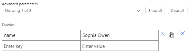 Screenshot che mostra il riquadro informazioni sulla funzione con il parametro Query e gli input chiave-valore di esempio.