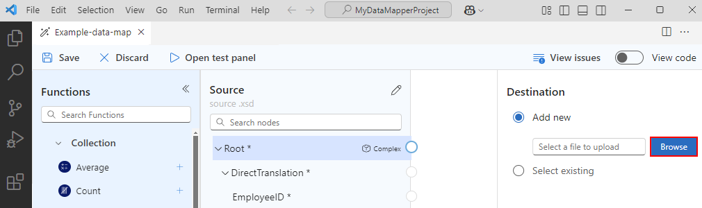 Screenshot che mostra il riquadro Data Mapper e Destination con le opzioni selezionate per Aggiungi nuovo e Sfoglia.