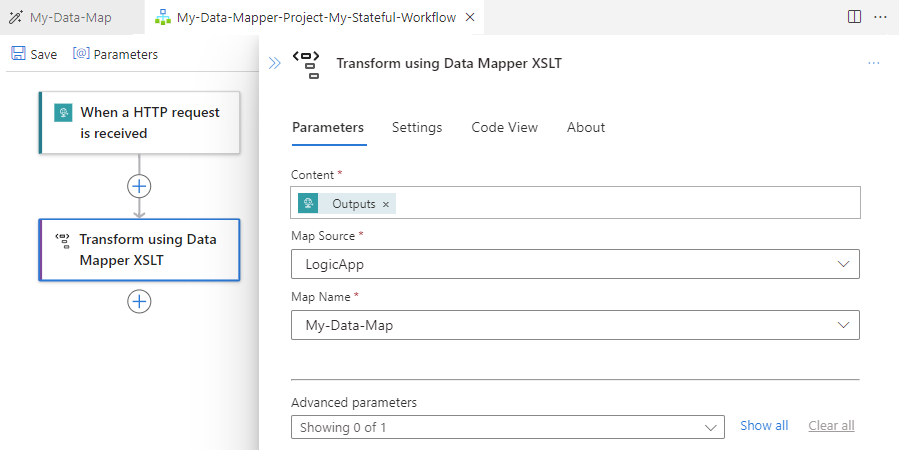 Screenshot che mostra Visual Studio Code, Finestra di progettazione del flusso di lavoro Standard, con l'azione selezionata denominata Transform using Data Mapper XSLT and action properties .Screenshot shows Visual Studio Code, Standard workflow designer, with selected action named Transform using Data Mapper XSLT and action properties.