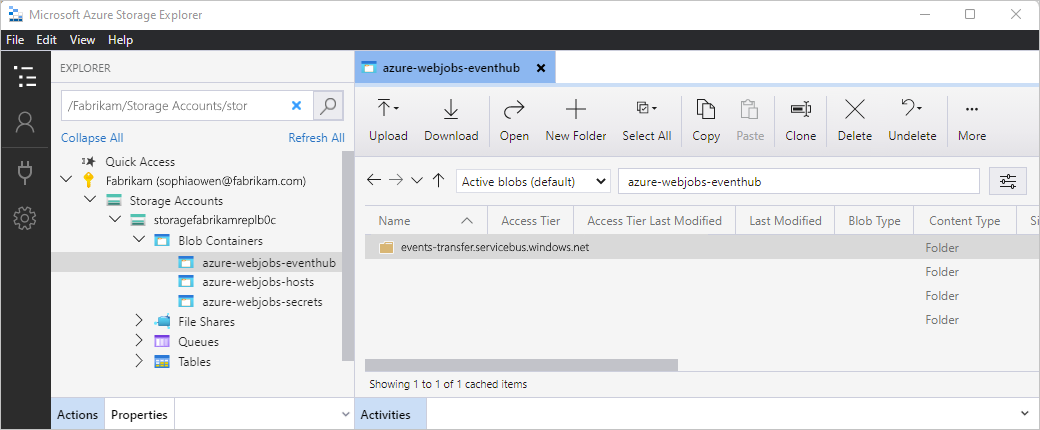 Screenshot che mostra Azure Storage Explorer con l'account di archiviazione e il contenitore BLOB aperti per visualizzare la cartella 