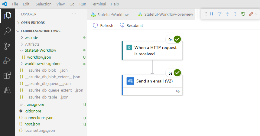 Screenshot che mostra ogni passaggio dell'esecuzione del flusso di lavoro e il relativo stato.