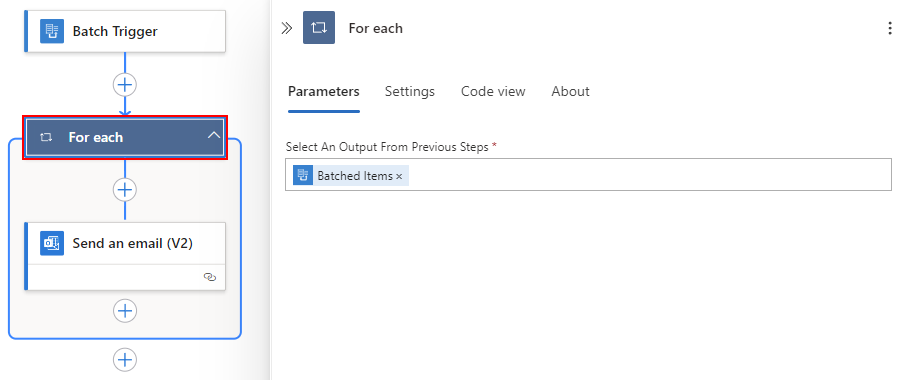 Screenshot che mostra la raccolta Batched Items con output dell'operazione precedente.