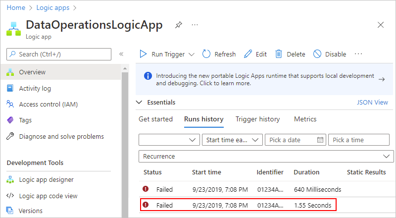 Screenshot che mostra il portale di Azure con le esecuzioni del flusso di lavoro dell'app per la logica a consumo e un'esecuzione non riuscita selezionata.