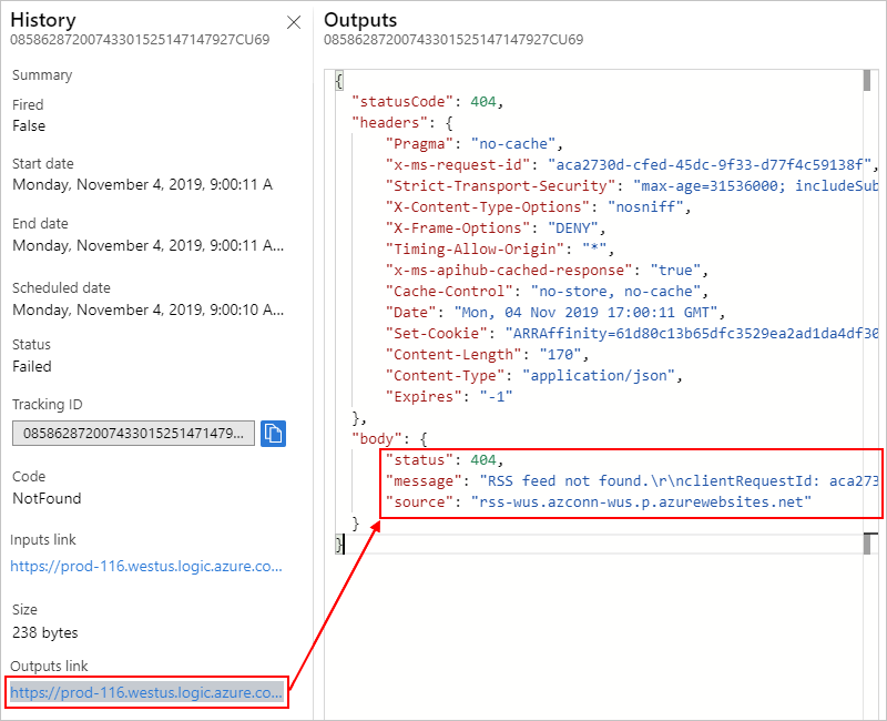 Screenshot che mostra gli output dei trigger del flusso di lavoro dell'app per la logica a consumo.