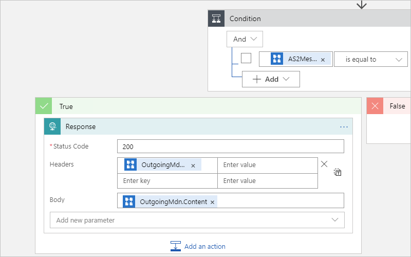 Screenshot che mostra la finestra di progettazione multi-tenant e l'espressione risolta per accedere a AS2 MDN.