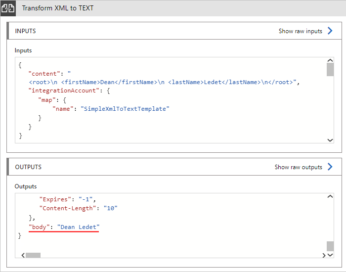 Screenshot che mostra l'output di esempio per la trasformazione da XML a testo.