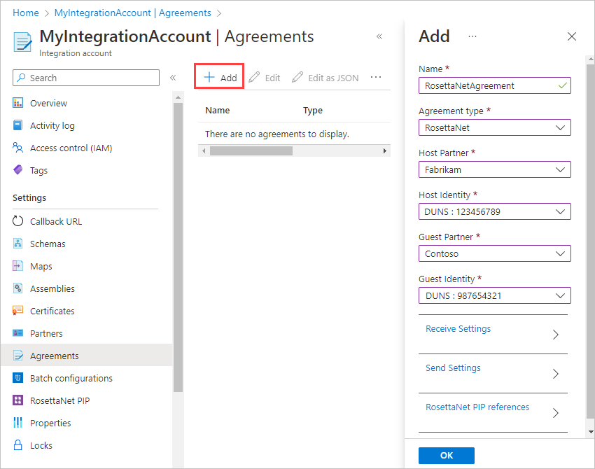 Screenshot che mostra la pagina Accordi con l'opzione Aggiungi selezionata. Nel riquadro denominato Aggiungi vengono visualizzate caselle per il nome e il tipo di accordo e per le informazioni sui partner.