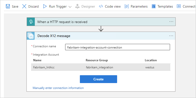 Screenshot che mostra il flusso di lavoro A consumo e le informazioni di connessione per l'azione denominata Decodifica messaggio X12(Decodifica messaggio X12).