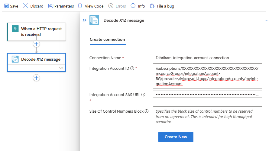 Screenshot che mostra il flusso di lavoro Standard e le informazioni di connessione per l'azione denominata Decodifica messaggio X12(Decodifica messaggio X12).