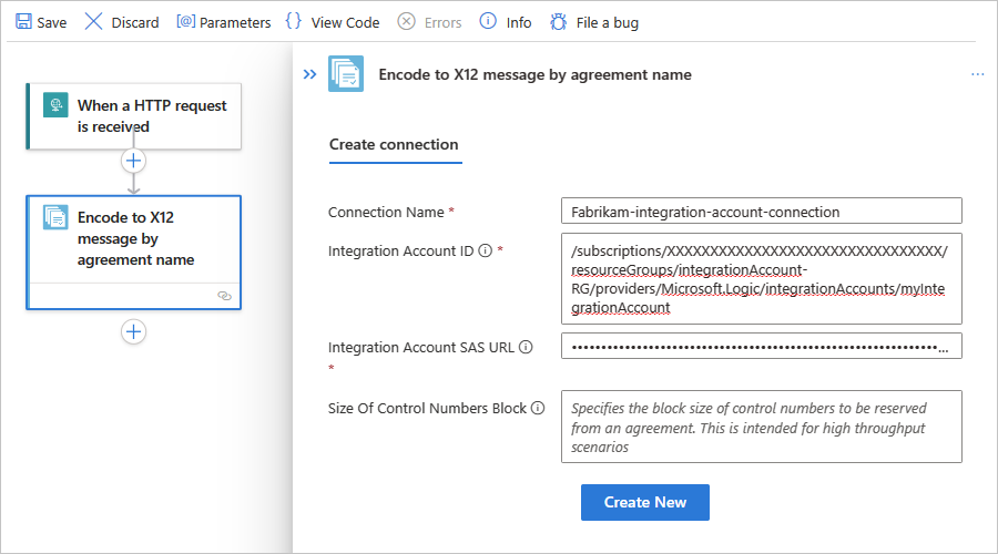 Screenshot che mostra il flusso di lavoro Standard e le informazioni di connessione per l'azione denominata Codifica messaggio X12 in base al nome dell'accordo.