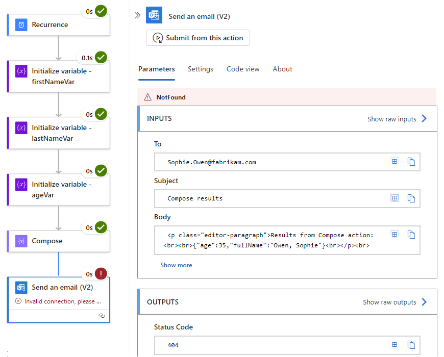 Screenshot che mostra la pagina Cronologia di esecuzione del flusso di lavoro a consumo con il passaggio di esempio non riuscito selezionato, oltre a input, output ed errori per il passaggio non riuscito.