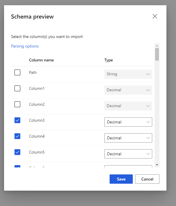 Screenshot dell'anteprima dello schema con la colonna 3, 4, 5 e 6 selezionata.