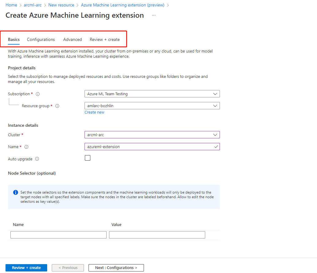 Screenshot della configurazione delle impostazioni dell’estensione Azure Machine Learning dal portale di Azure.