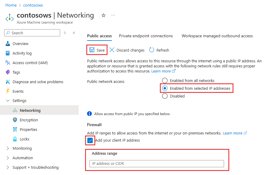 Screenshot dell'interfaccia utente per abilitare l'accesso dagli intervalli IP Internet.