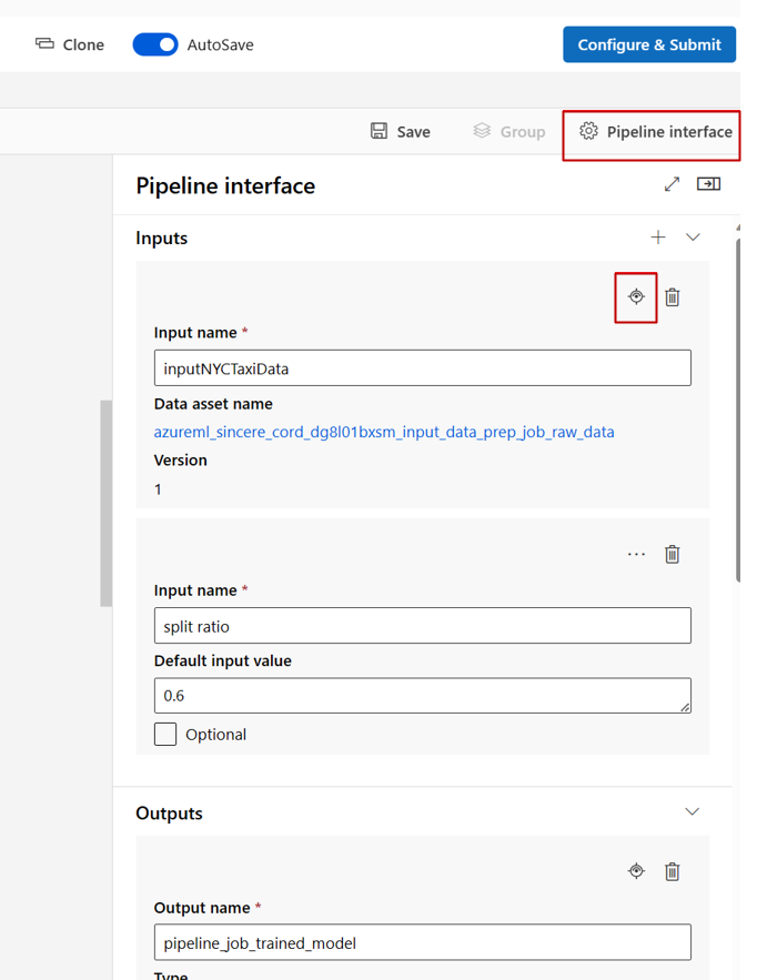 Screenshot che evidenzia l'interfaccia della pipeline nella Finestra di progettazione.