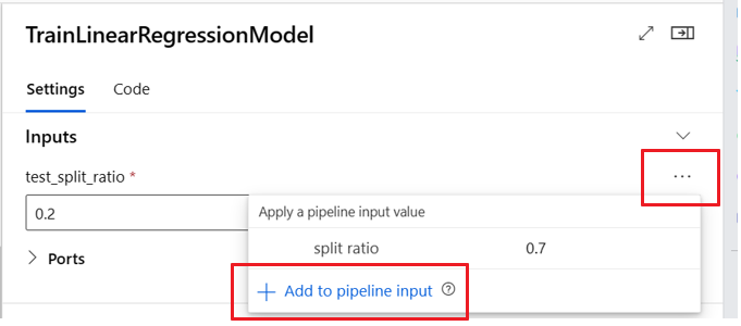 Screenshot che illustra come alzare di livello l'input della pipeline nella Finestra di progettazione.