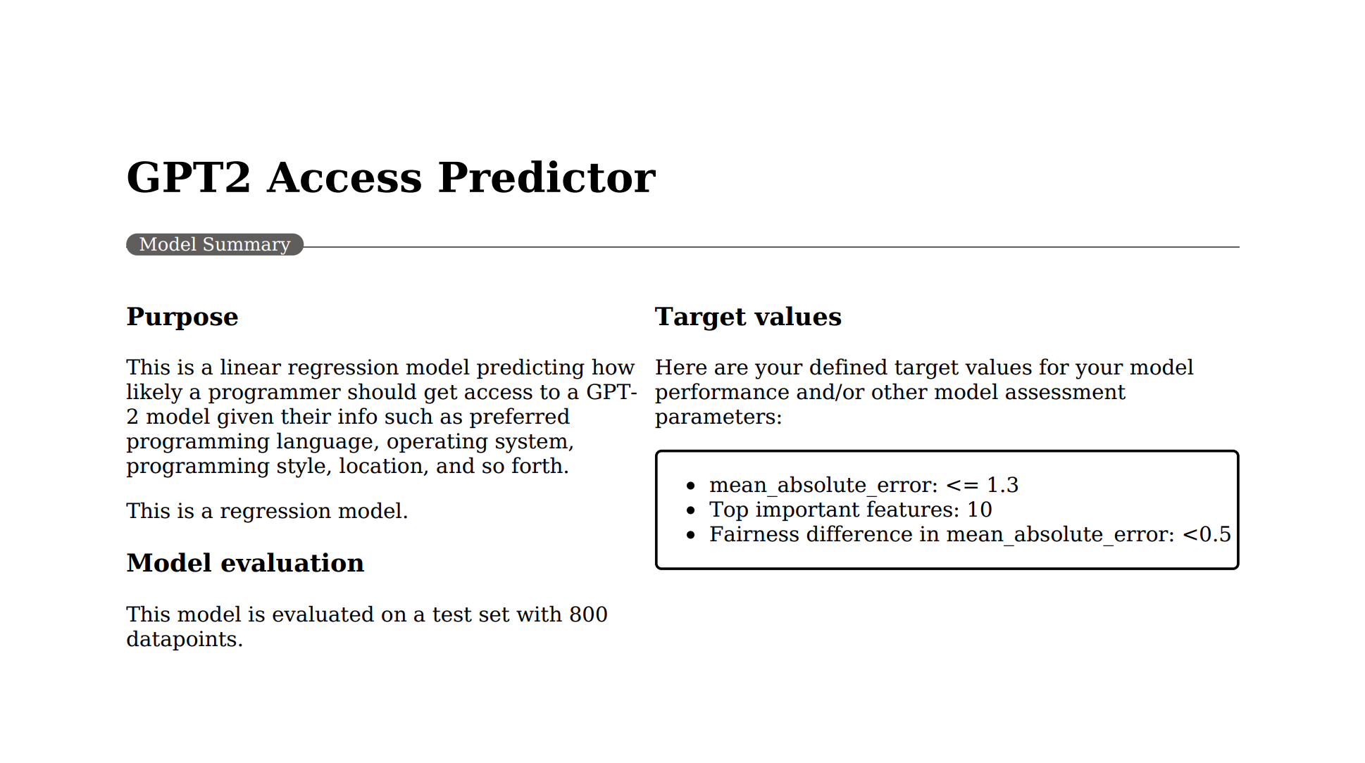 Screenshot del riepilogo del modello nel PDF della scorecard di intelligenza artificiale responsabile.