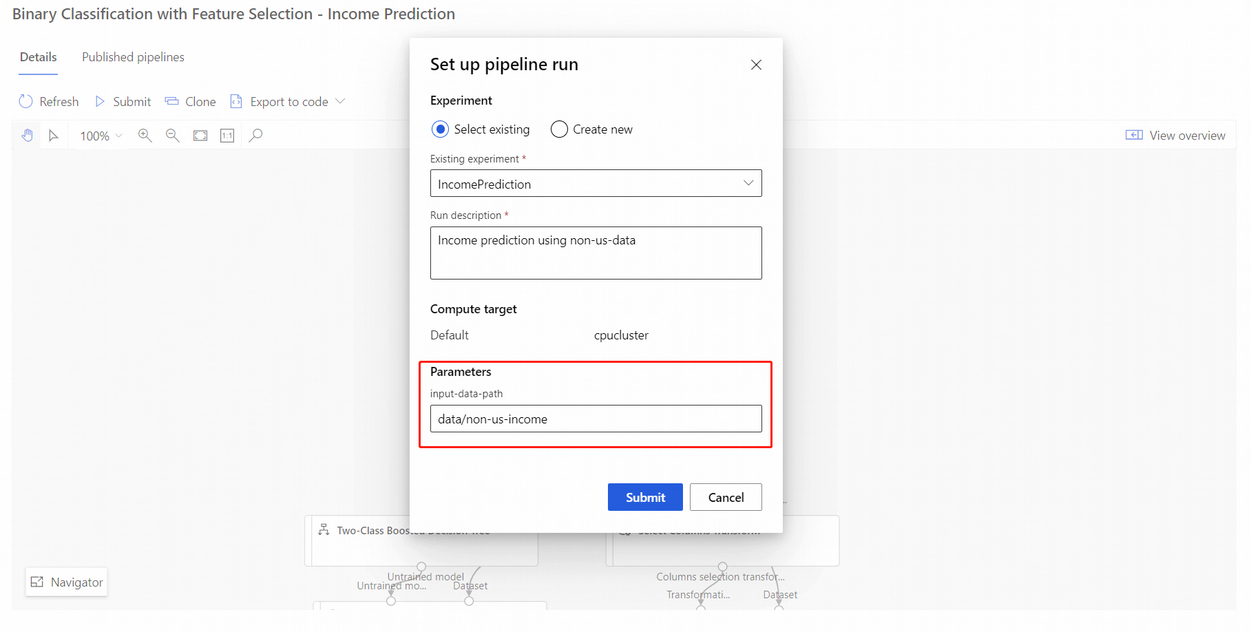 Screenshot che illustra come configurare un processo di pipeline con parametri nella finestra di progettazione