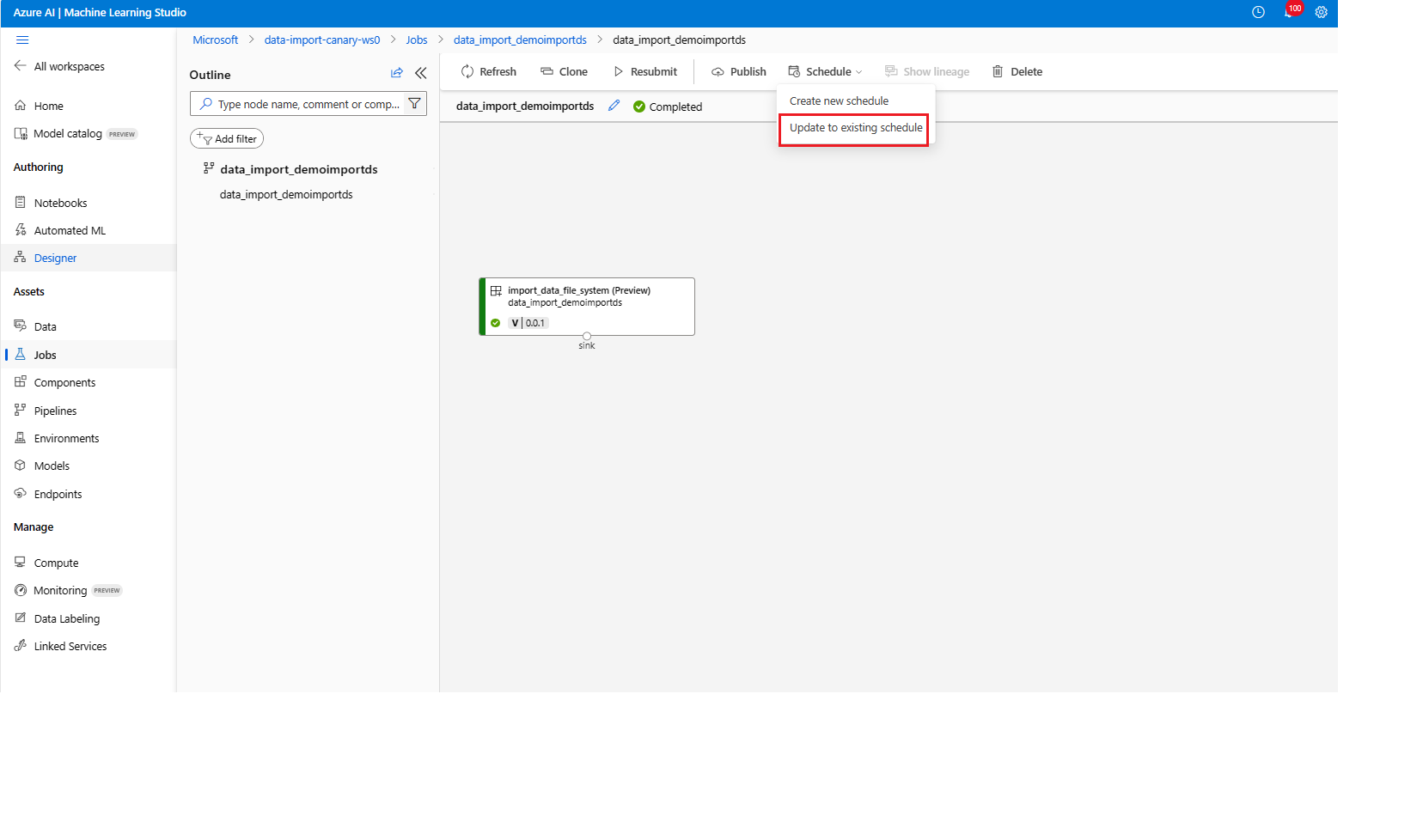 Screenshot della scheda Processi con il pulsante Pianificazione selezionato, che mostra il pulsante Crea aggiornamento alla pianificazione esistente.