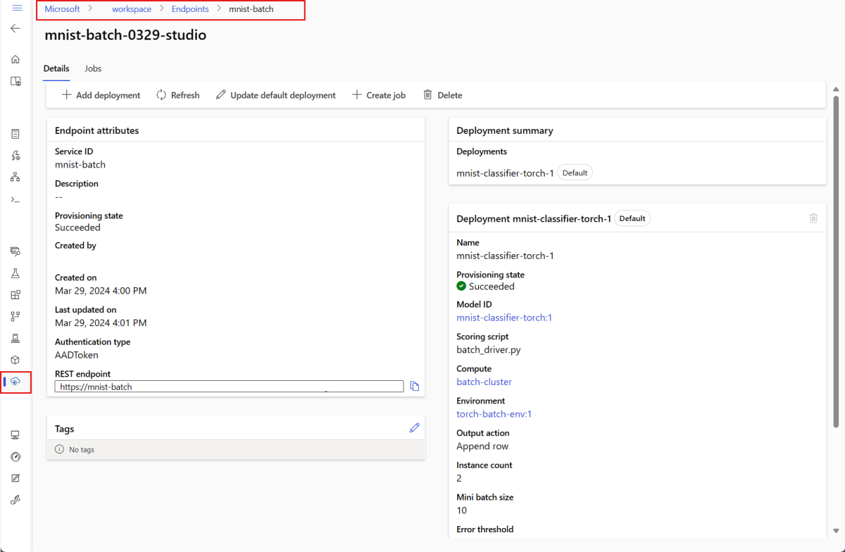 Screenshot del controllo dei dettagli degli endpoint batch e della distribuzione.