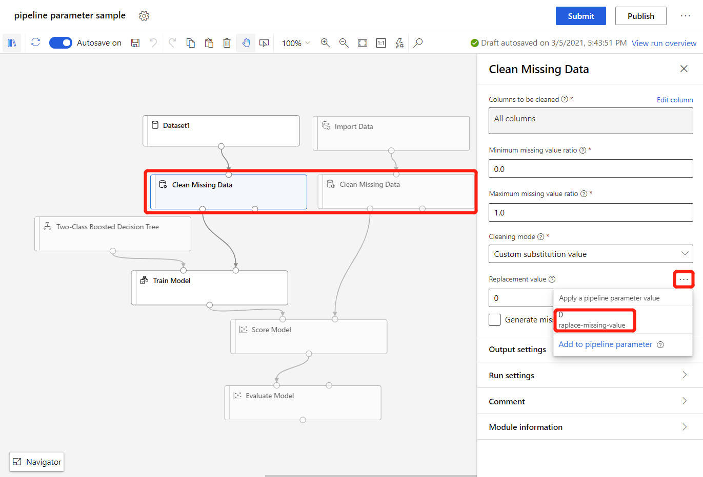 Screenshot che mostra come collegare un parametro della pipeline