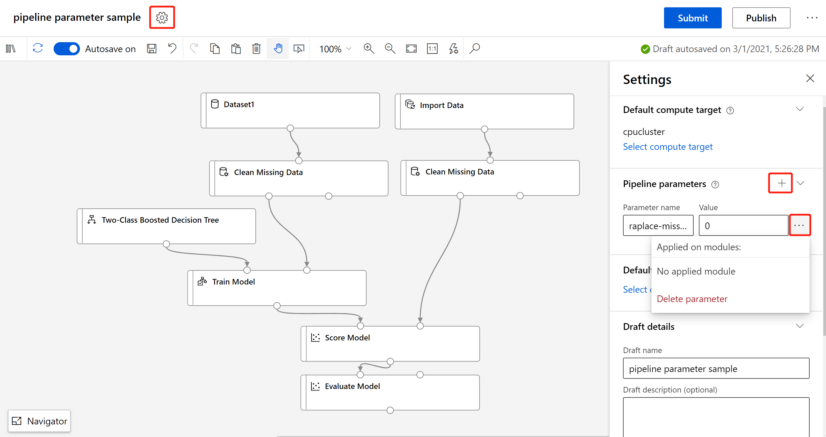 Screenshot che illustra come creare un parametro della pipeline