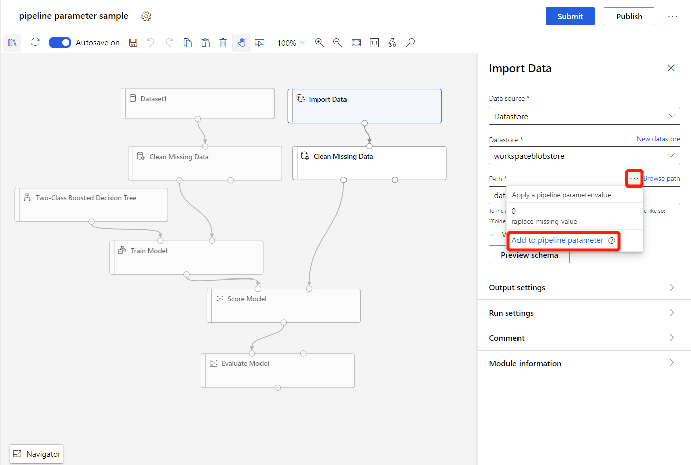 Screenshot che mostra come alzare di livello il parametro del componente al parametro della pipeline1