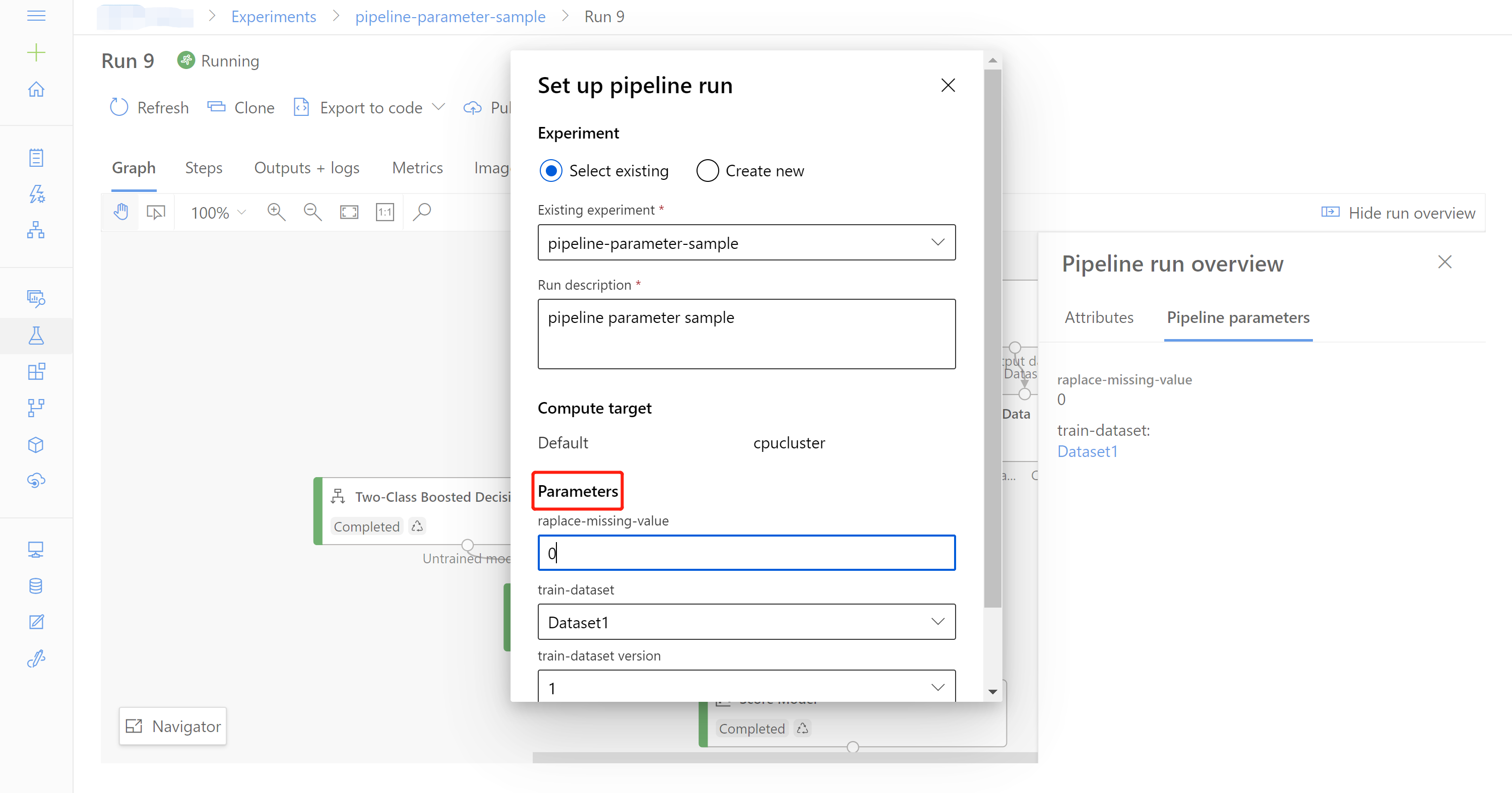 Screenshot che mostra la pipeline di nuovo invio con i parametri della pipeline