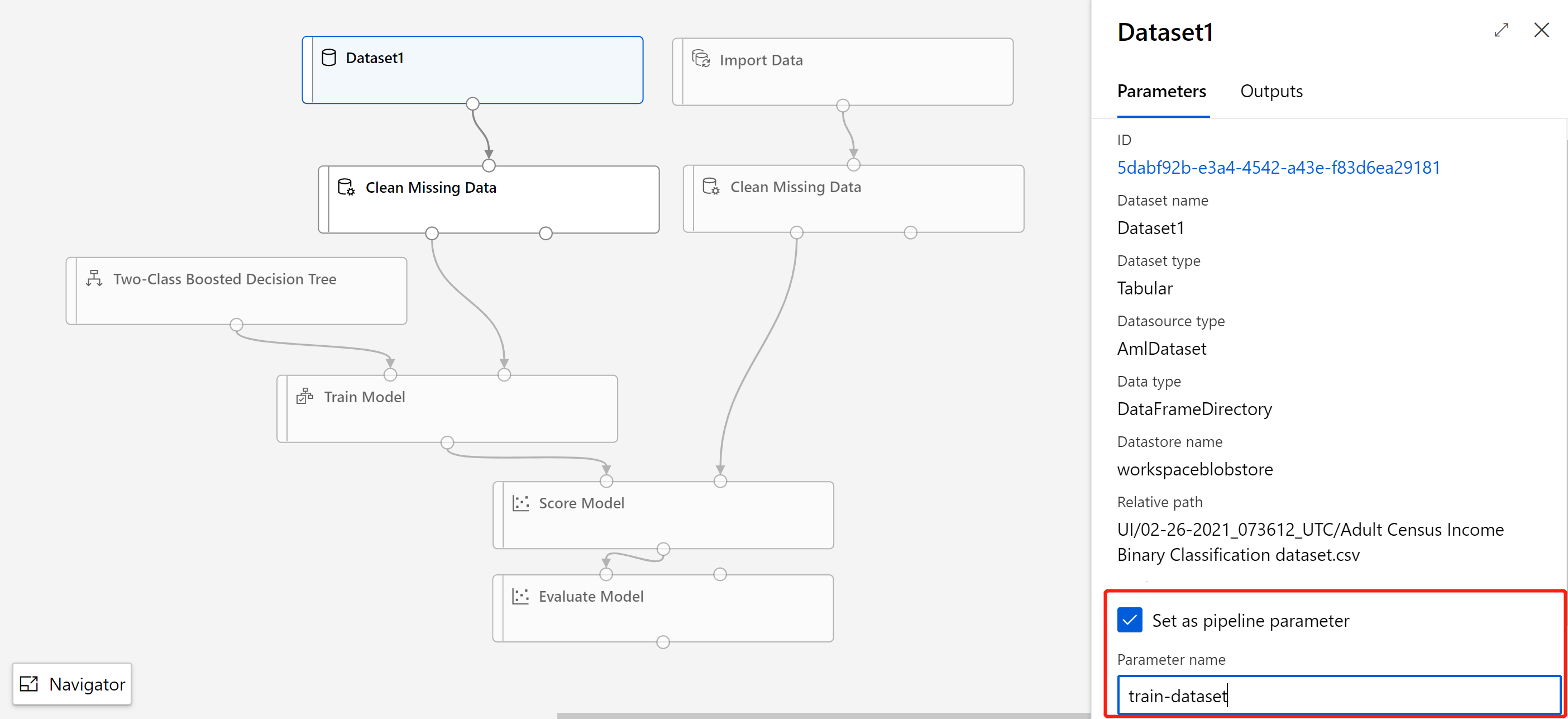 Screenshot che mostra come impostare il set di dati come parametro della pipeline