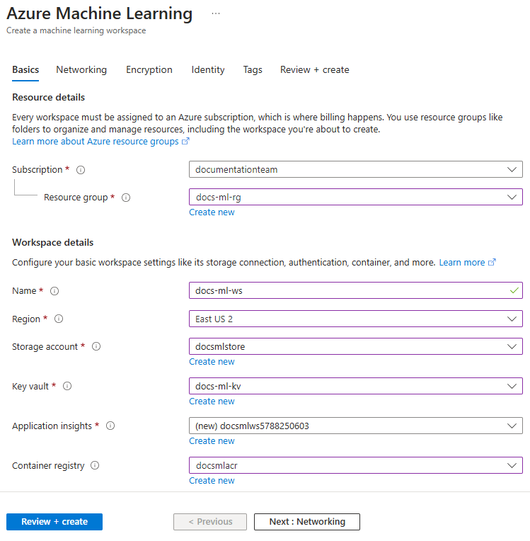 Screenshot del modulo di configurazione dell'area di lavoro di base.